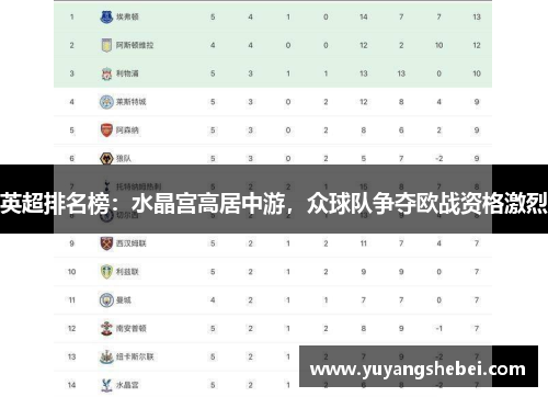 英超排名榜：水晶宫高居中游，众球队争夺欧战资格激烈